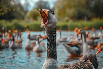 Close-up of a goose with its mouth open and neck stretched, surrounded by other geese in a pond under the clear sky. - obrazy, fototapety, plakaty