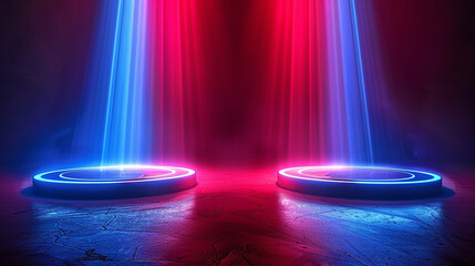 Round neon lights wallpaper style. Blue and red glow rays. Magic portal.