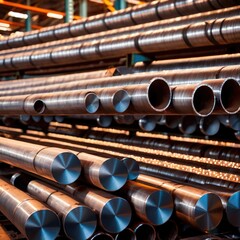 Stacks of metal pipes, construction components for industry, in storage in warehouse