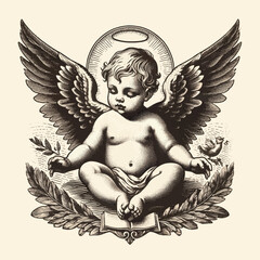 baby with wings old engraving vector style, baby vector illustration retro vintage handwriten style