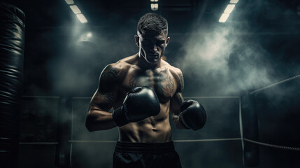 Fototapeta na wymiar Sportsman muay thai boxer fighting in boxing cage, isolated on dark black background with light and smoke. Prepare to match. Copy Space. Sport concept.