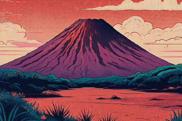Risograph-style digital illustration. Landscape with volcano and mountain. Unique and artistic...