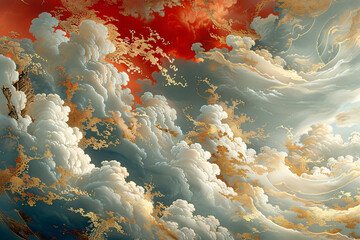 National trend background with auspicious clouds and waves, Chinese traditional wave pattern concept illustration