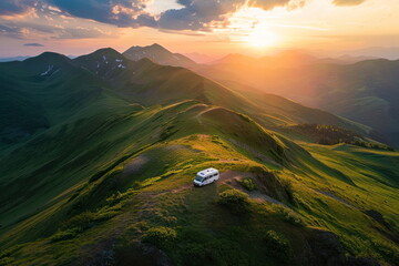 top view of mountain with camping car, nice landscape