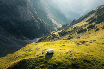 top view of mountain with camping car, nice landscape