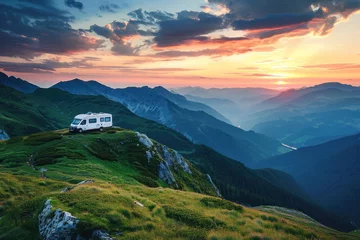 Afwasbaar Fotobehang Bestemmingen top view of mountain with camping car, nice landscape