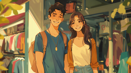 Fototapeta na wymiar Happy Couple Shopping in the City, Flat Illustration