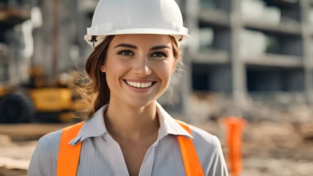 female construction worker wearing safety helmet 