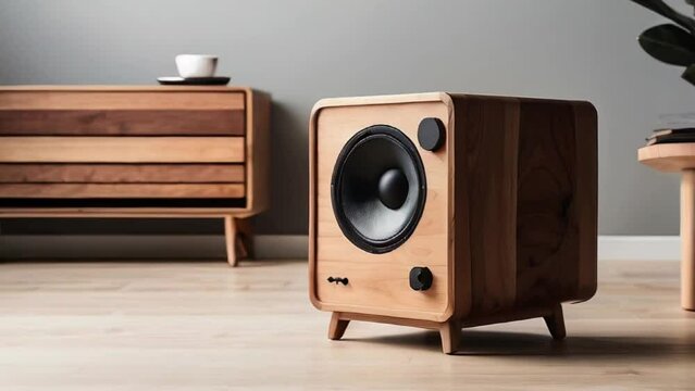 minimalist wooden speaker on wooden shelf
