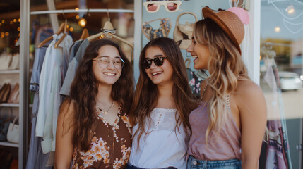Three Friends Trying on Accessories at a Boutique Shop - obrazy, fototapety, plakaty