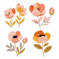 set of flowers hand drawn with watercolors