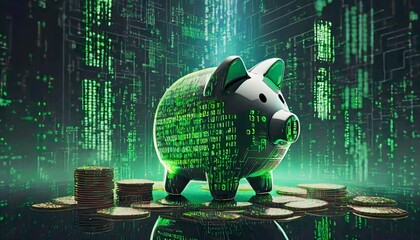 The illustration of a piggy bank and the representation of the use of Artificial Intelligence to make money or profits in business with digital means. Cyber, digital, virtual background.
 - obrazy, fototapety, plakaty