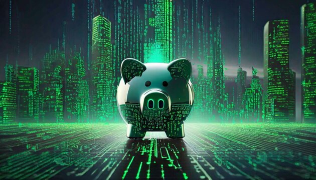 The illustration of a piggy bank and the representation of the use of Artificial Intelligence to make money or profits in business with digital means. Cyber, digital, virtual background.