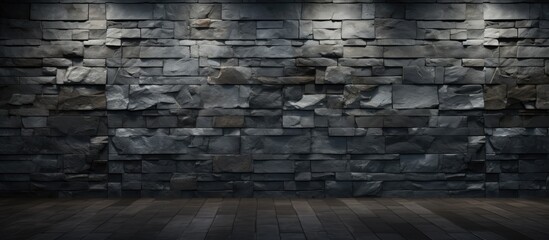 An interior setting showcasing a dark room with textured stone walls and a polished wooden floor