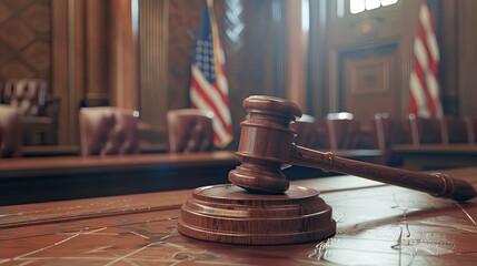 A wooden judge's gavel on a table in a courtroom - obrazy, fototapety, plakaty