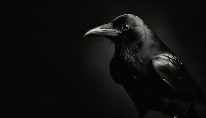 Obraz premium Cute black raven. Key lighting on a black background. Photorealistic low key illustration. Generative AI.