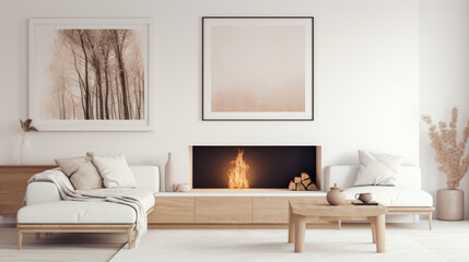 Two white sofas near fireplace against white wall with wooden cabinet and art poster. Scandinavian minimalist style home interior design of modern living room. Generative AI