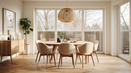 Fototapeta premium Chic interior design of modern scandinavian dining room with round wooden table. Generative AI