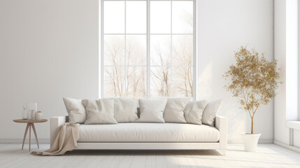Cozy white sofa against window. Scandinavian style home interior design of modern living room. Generative AI
