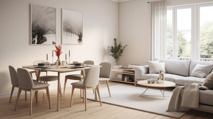 Fototapeta na wymiar Scandinavian studio apartment. Interior design of modern living room with dining table and chairs. Generative AI