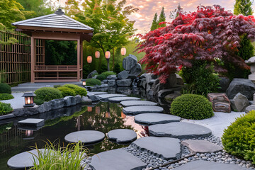 The Zen Sanctuary - A Tranquil Evening At A Japanese Garden Showcasing Flora, Lanterns And A Traditional Gazebo