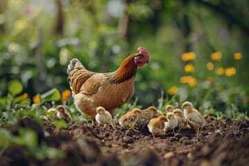 Fototapeta premium Beautiful Hen with her cute chicks pecking in the garden under spring sunlight, showing natures nurturing love and care.
