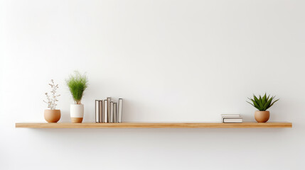 Wood floating shelf on white wall. Storage organization for home. Interior design of modern living room Generative AI - obrazy, fototapety, plakaty