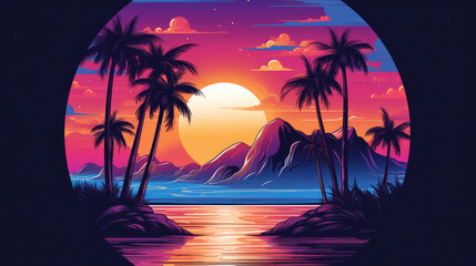 Tropical beach landscape with sea, sunset and palm trees. Abstract landscape. Tropical paradise island logo. Summer vacation concept circle icon. Generative AI