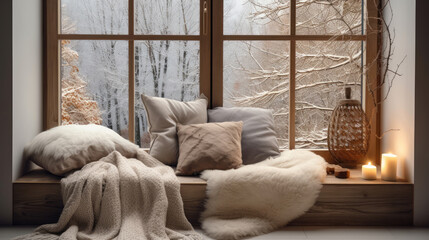 Stylish and cozy reading nook. Bench with cushions and knitted blanket against window. Hygge interior design of modern living room. Generative AI