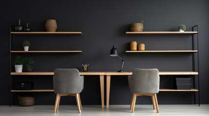 Workplace with wooden desk and two black chairs against of grey wall with shelving rack. Interior...
