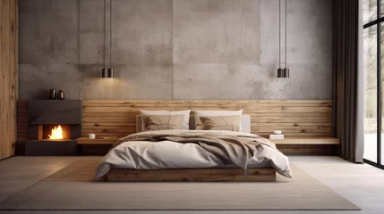 Foto auf Leinwand Boho interior design of modern bedroom with concrete and wooden paneling wall. Generative AI © Fang