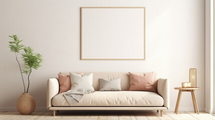 Beige sofa with terra cotta pillows against wall with empty mock up poster frame, Scandinavian home interior design of modern living room Generative AI - obrazy, fototapety, plakaty