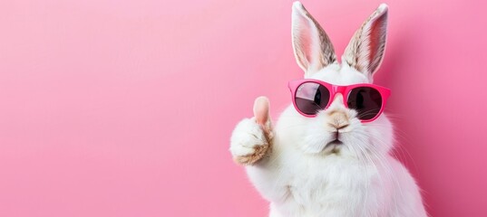 Easter bunny rabbit wearing sunglasses giving thumbs up on pastel background with copy space - obrazy, fototapety, plakaty