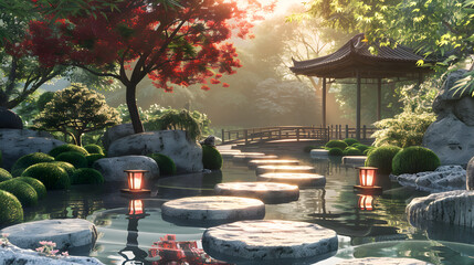 The Zen Sanctuary - A Tranquil Evening At A Japanese Garden Showcasing Flora, Lanterns And A...