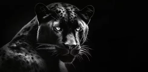Poster black fluffy jaguar. Key lighting on a black background. Photorealistic low key illustration. Generative AI © Hulinska Yevheniia