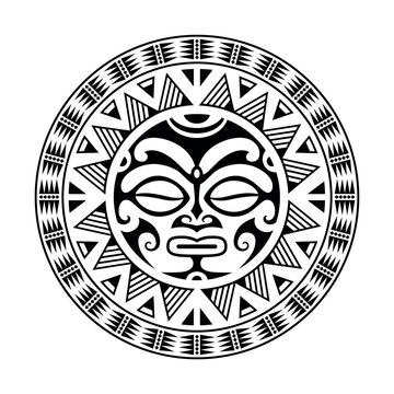 Round tattoo ornament with sun face maori style. African, aztecs or mayan ethnic mask. Black and white.