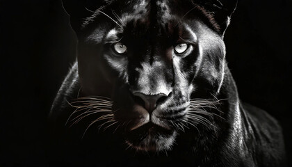 black fluffy jaguar. Key lighting on a black background. Photorealistic low key illustration. Generative AI - obrazy, fototapety, plakaty