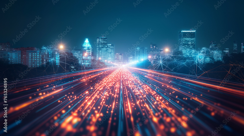 Poster smart city and abstract polygon pattern connection with speed line light, big data connection techno