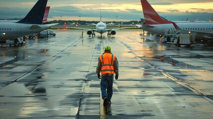 Airport Ramp Agent in Reflective Safety Vest Walking on Apron Among Parked Airplanes. Aviation Ground