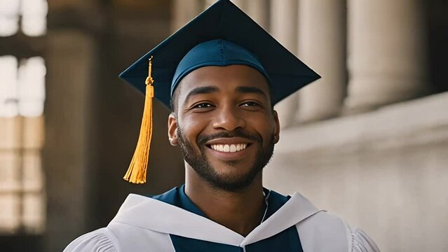 A cheerful black male graduate celebrates his graduation with a diploma and a graduate cap on his head
