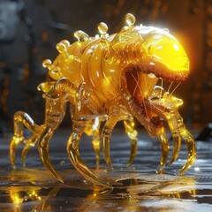Biological glass creature with grotesque features, under a yellow microscope light, side view, in a detailed, scientific illustration, hyper realistic, low noise, low texture, super detailed,