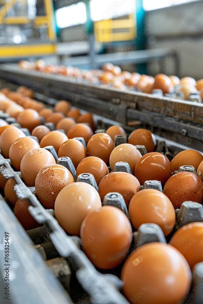 Poster highly efficient egg sorting machine in a busy commercial egg production facility