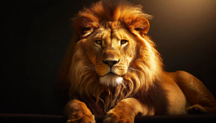 Cute ginger fluffy lion. Key lighting on a black background. Photorealistic low key illustration....