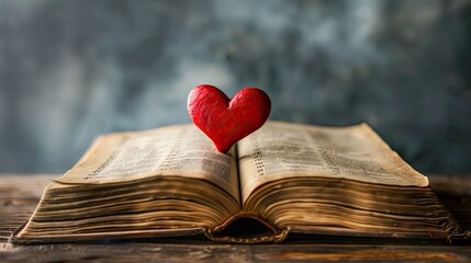 An open book with a red heart on top