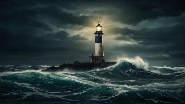 lighthouse on a coral hill in the middle of the sea with big waves and dark skies