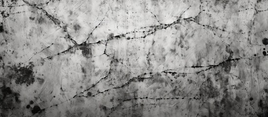 A monochrome photograph of a cracked concrete wall displaying a captivating pattern formed by composite materials. The landscape of the wall resembles artwork created by nature and human construction