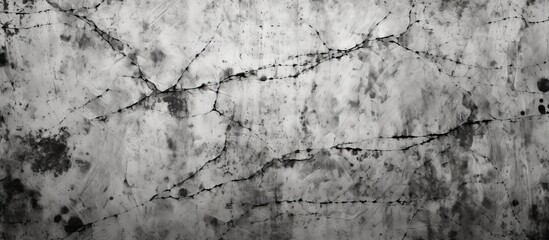 Obraz premium A monochrome photograph of a cracked concrete wall displaying a captivating pattern formed by composite materials. The landscape of the wall resembles artwork created by nature and human construction