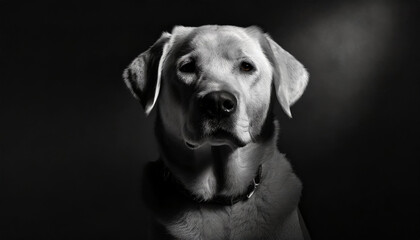 Cute white labrador fluffy dog. Key lighting on a black background. Photorealistic low key...