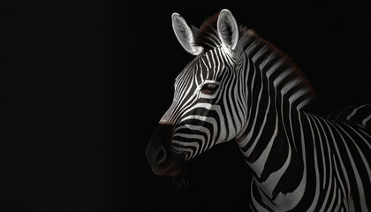 Fototapeta na wymiar Cute zebra. Key lighting on a black background. Photorealistic low key illustration. Generative AI.