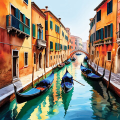 Venice canals with gondola in watercolor - obrazy, fototapety, plakaty